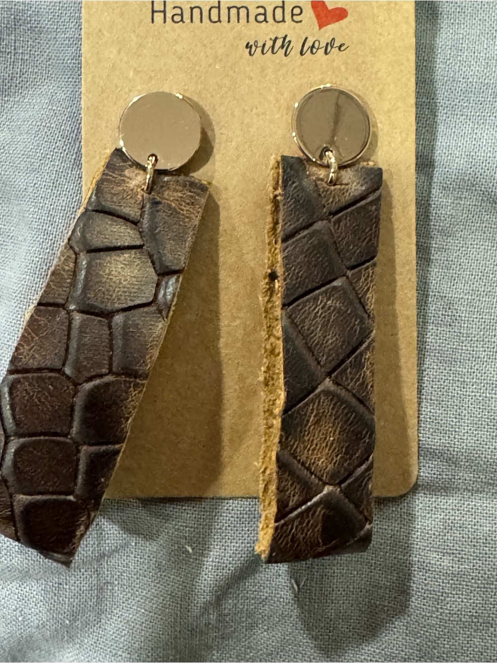 Handmade Brown Croc-Embossed Leather Drop Earrings